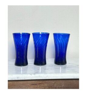 Vintage Hand Blown Cobalt Blue Glass Tumblers Set of 3 Swirl Art Glass